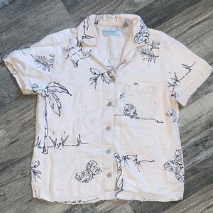 Valerie Stevens Casual 100% Linen Beige Button Up Tropical Print Shirt Small